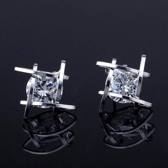 *NEW Silver Solitaire Caged Diamond Stud Earrings - Picture 6 of 9